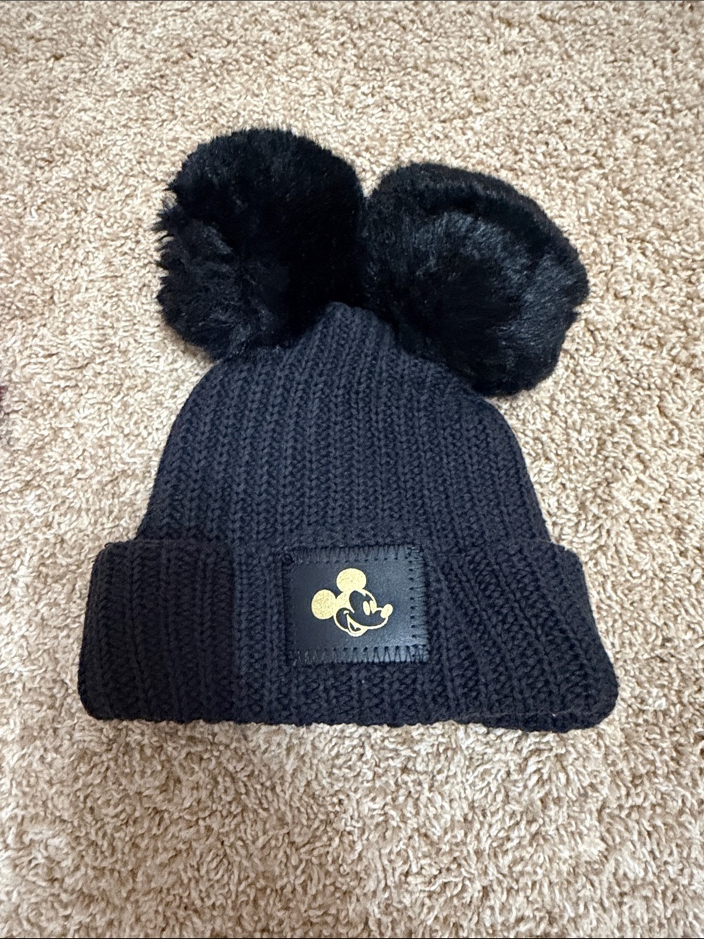 Kids Black Knit Pom Pom Beanie with Mickey Patch